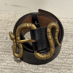 Men’s Black Leather Snake Belt Gold Buckle 42 inches
