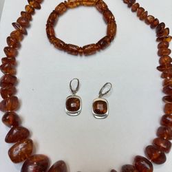 Amber Necklace, Bracelet And Earrings 