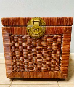 Vintage Chinoiserie-style woven rattan and wicker step storage trunk