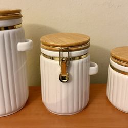 Ceramic Canister Set with Airtight Wood Lids - 3-Piece Kitchen Storage for Flour, Sugar, Coffee etc