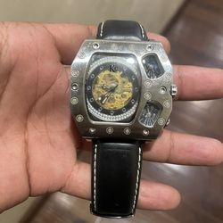 KC 3 time zone iced stainless steel and leather watch