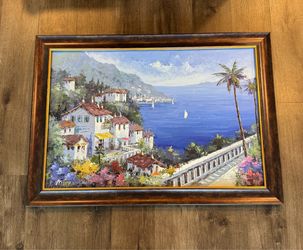 Original Signed Oil Painting Mediterranean Coastal Village Seascape Framed - VG+
