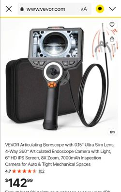 VEVOR Articulating Borescope with 0.15" Ultra Slim Lens, 4-Way 360° Articulated Endoscope Camera with Light, 6" HD IPS Screen, 8X Zoom, 7000mAh Inspec