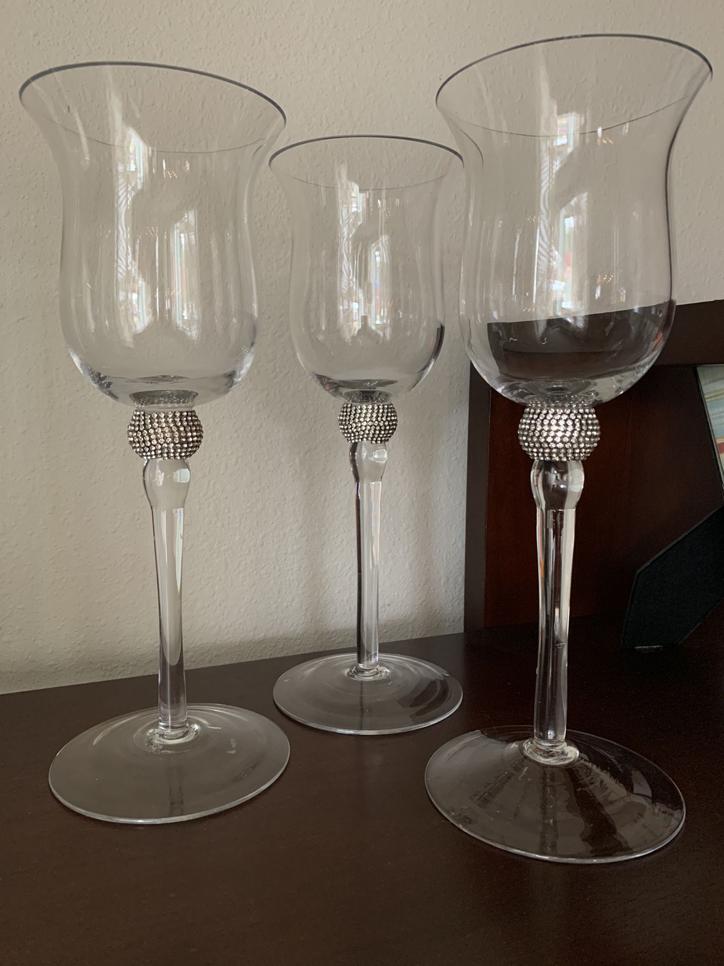 Set of 3 crystal long stem wine glass candle holders from Pier 1 one