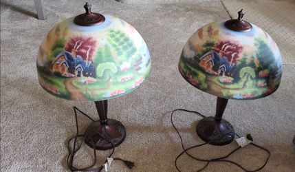 Pair of Reverse Painted Glass Table Lamps