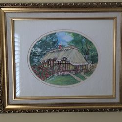 BEAUTIFUL FRAMED COTTAGE LANDSCAPE WATERCOLOR  w/DAMASK MAT IN EXCELLENT CONDITION
