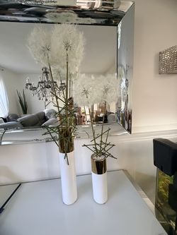 Modern Luxe Ceramic Vase Set with Designer Dandelion puff Floral Arrangement (Set of 2)