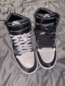 Nike Air Jordan 1 High Satin Black Silver Size 12 woman’s size 10.5 MENS