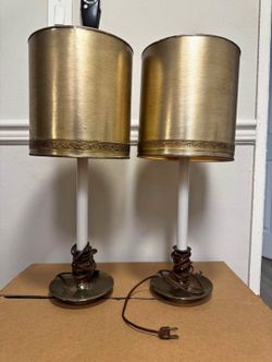 Vintage 1960's Hollywood Regency Style Brass Cylinder Shades Candle White Stem Base Lamps