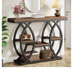 100cm Console Table, Industrial 4-Tier Sofa Table Entryway Table with Storage Shelves, Narrow Wood Accent Tables with Metal Frame for Small Spaces, Ha