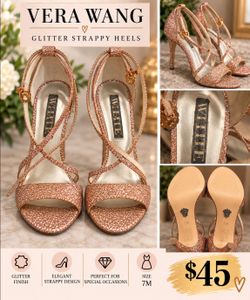 Vera Wang Rose Gold Glitter Strappy Heels – Size 7M