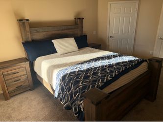 Queen Bed Frame and Box Spring, 2 Nightstands.