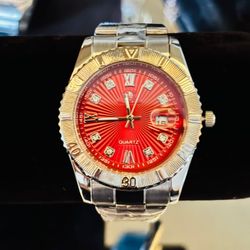 Silver Watch, Red With Diamond Dial