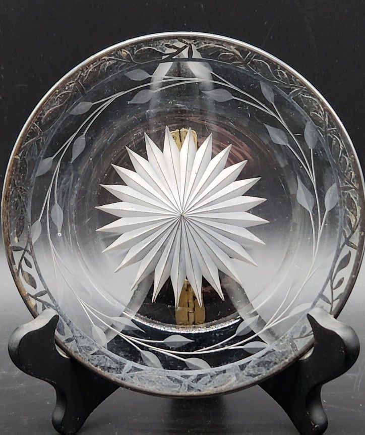Antique Starburst Intaglio-Cut Glass Plate with Silver Overlay