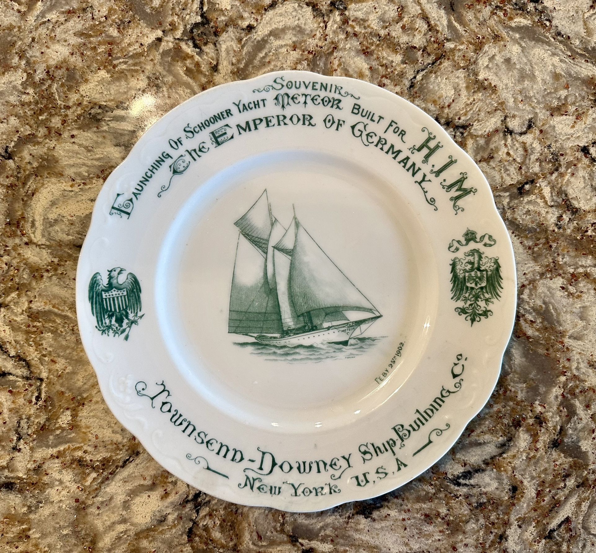 1902 METEOR YACHT EMPEROR GERMANY Plate TOWNSEND DOWNEY SHIP BUILDING Co NY USA