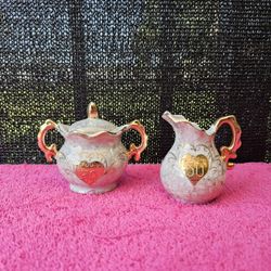 Enesco Imports Japan Porcelain 50th Anniversary Sugar Bowl & Creamer Vintage