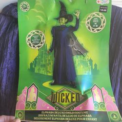 New Wicked Elphaba Witch Complete Child Costume Girls Size M 7-8 Dress, Cape & Hat 
