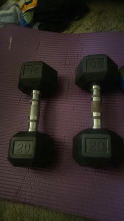 20 pound dumbbell, kettle bar and workout mat