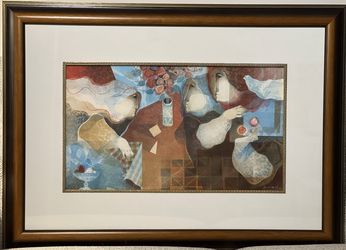 Framed Art: Alvar Suñol - Untitled (3 People & Flowers). 1 of 3 items in total price.