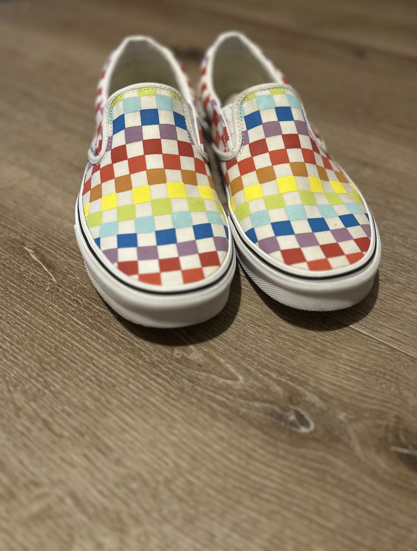 VANS Rainbow Checkered Slip-On Sneakers, Size 10