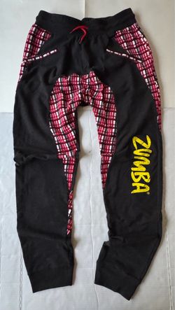 Pre Owned Excellent  Zumba Wear  Fitness Dance Sweatpants Joggers  Plaid  Printed Red Gray  Men  Size Medium