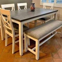 ✅️✅️(6 pc white & grey finish wood dining table set grey padded seat chairs and bench✅️✅️✅️