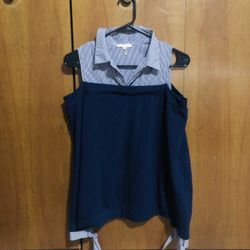 Half Blouse/Half Sweatshirt Hybrid Cold Shoulder Top (Juniors M)