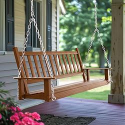 Porch Swing Outdoor, Wooden Patio Swing with Armrests, Adjustable Chains, Heavy Duty 793 Lbs, 5ft Bench Swing for Yard Garden, Brown