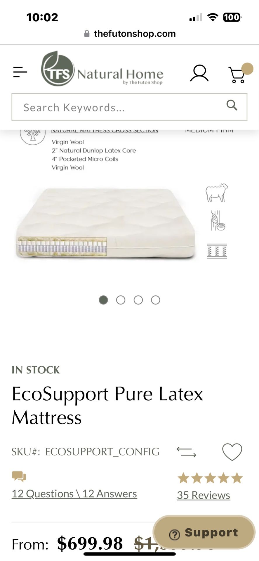 Futon Shop Ecosupport Wool Latex Futon  MSP $1000