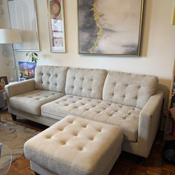 Ashley Furniture Cream Tufted Sofa + Ottoman – Modern Apartment Couch