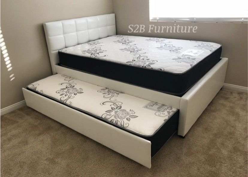 Full Twin White Trundle Bed With Ortho Mattress Included 