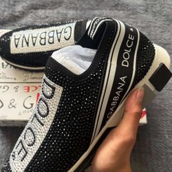180$ Dolce & Gabbana Sorento Slip On Rhinestone Black & White 