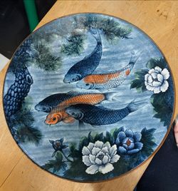 Vintage hand painted koi fish plate