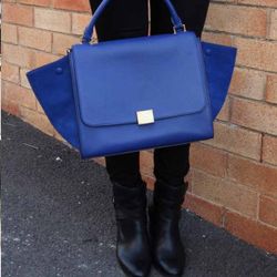 💯CELINE Trapeze Leather Medium 2way Hand Bag in coveted all blue designed by Pheobe Philo