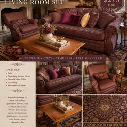 Chateau Inspired Vintage Living Room Set- Sofa, Chair, Coffee Table, Rug & Pillows!