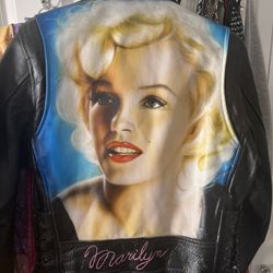 Large Vintage Leather Double Rider Motorcycle  Jacket With Painted Marilyn Monroe On Back - Never Work