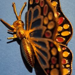 Antique Butterfly Pin.  Blue, Yellow, Red On Enamel On Gold Plated1.5 Inches