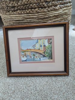 Framed Watercolor Canal Scene Print -vintage , 11"x9"