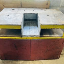 Vintage Custom Heavy Duty Industrial Metal Shop Work Table With Tool Cutout & Storage