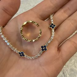 Gold Tennis Bracelet and Ring Set with Blue Clover Accents