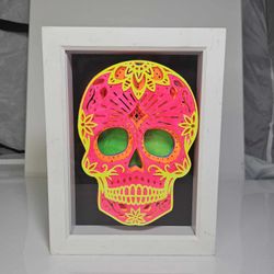 Neon Sugar Skull Shadow Box Art