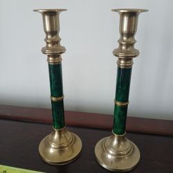 vintage Andrea by Sadek brass and faux malachite candlesticks