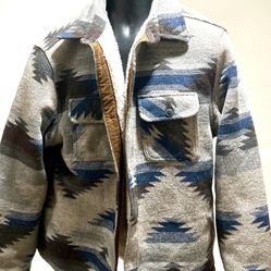  Jachs New York men's wool blend sherpa-lined shirt jacket (also called a "shacket") featuring an Aztec or Southwestern pattern in grey, beige, brown,