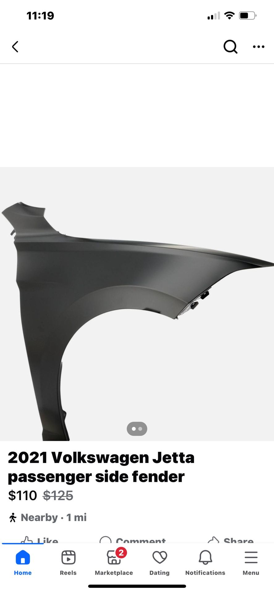 2021 Volkswagen Jetta Passenger Side Fender