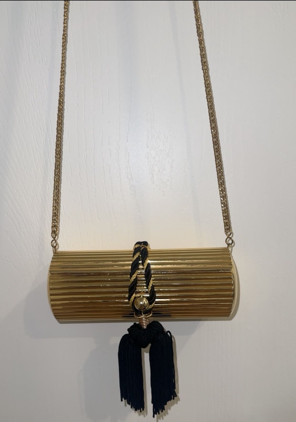 Bechamel Vintage Gold Hard Barrel Mini Purse Clutch- Black Tassel Velvet Lining