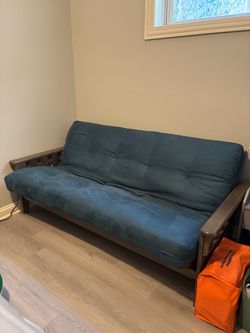 Jerry Sales  FutonX Rustic Walnut Frame and Mattress Set, 8 Inch Innerspring Futon Sofa Bed Full Size Wood (Blue Matt and Frame)