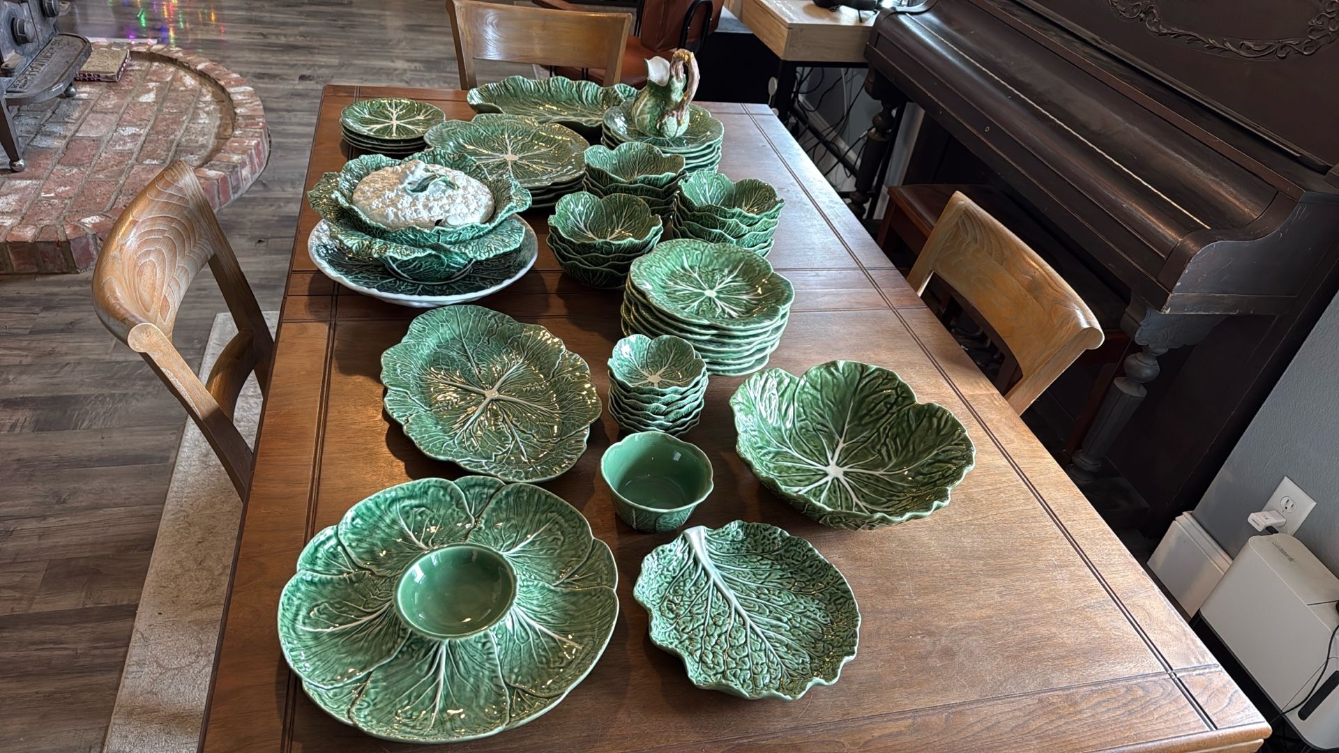Large Lot Of Bordallo Pinheiro Cabbage Plates, Chargers, Bowls, Serving Dishes