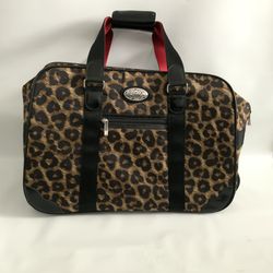 BRIGHTON AFRICA STORIES COLLECTION LEOPARD PRINT ROLLING WEEKENDER TRAVEL BAG BLACK TAN CARRY ON