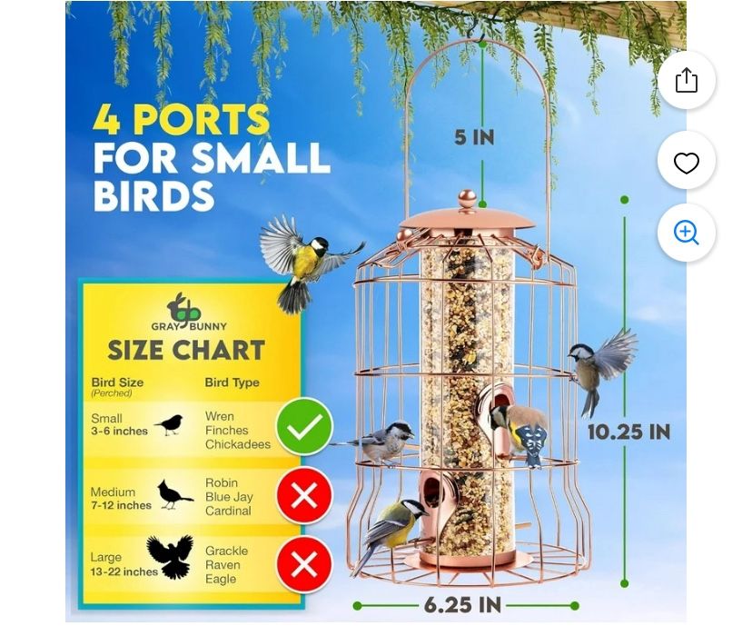 Squirrel Proof Outdoor Hanging Bird Feeder (Metallic Rose Gold) Bird Feeder with 4 Ports, Bite Resistant, Weatherproof, Backyard