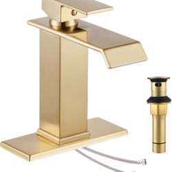 KUZOR Gold Waterfall Bathroom Sink Faucet, Brushed Gold Finish, Single Handle, 1 or 3 Hole Installation, Metal Pop Up Drain, 23.6-inch Hoses, 3/8 Inch